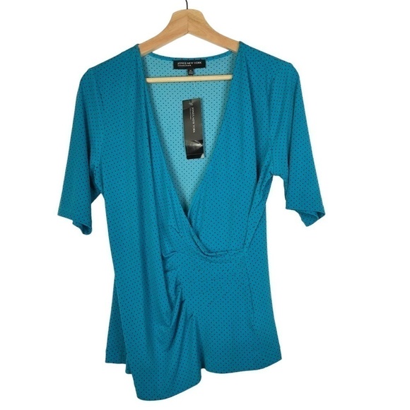 Jones New York June Tahiti Turquoise Polka Dot Surplice Short Sleeve Blouse M - Picture 1 of 3
